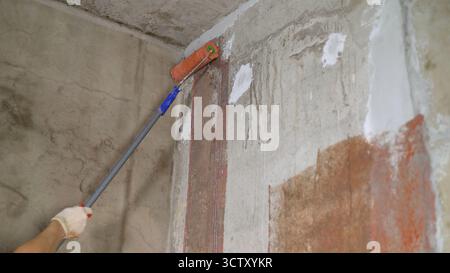 Hand applying primer using paint roller on wall Stock Photo