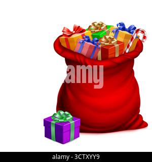 A red sack overflowing with colorful gift boxes and a candy cane, digital illustration style, on a white background. Stock Vector