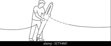 Male character holding giant fountain pen. Minimal vector outline illustration of person writing with oversized ink pen Stock Vector