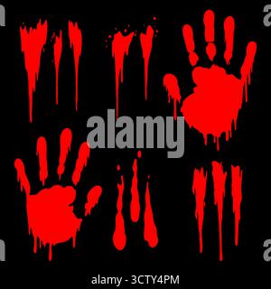 Set of horror red bloody handprints and dripping stains on black background. Creepy silhouette illustration Stock Vector