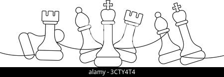Minimalist chess line art with six chess pieces arranged in abstract balance Stock Vector