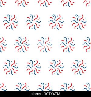 Seamless pattern with playful red and blue fireworks. Vibrant bursts with stars and dots Stock Vector