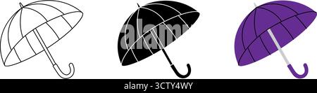 Minimalist umbrella icons in outline, solid black, and purple color. Simple vector rain protection symbols for seasonal weather design Stock Vector