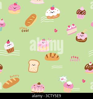 Seamless pattern and stationery of breads and cakes for children's design Stock Vector