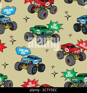 Seamless Pattern and design template of Cartoon Monster Trucks, Off road Vehicle Vector Stock Vector
