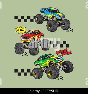 Seamless Pattern and design template of Cartoon Monster Trucks, Off road Vehicle Vector Stock Vector