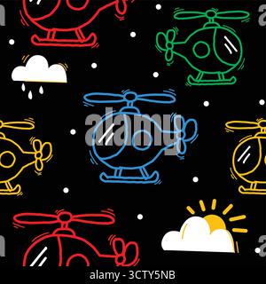 Cute penguin pilot flying an airplane and helicopter pattern seamless Stock Vector
