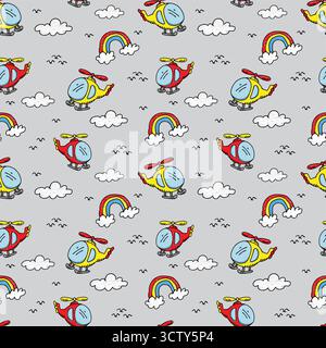 Cute penguin pilot flying an airplane and helicopter pattern seamless Stock Vector