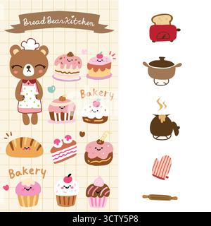 Seamless pattern and stationery of breads and cakes for children's design Stock Vector