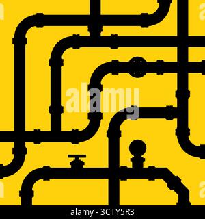 Black industrial piping network on yellow background Stock Vector