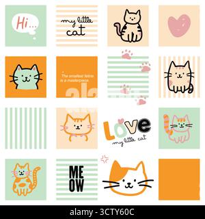 Cute Hand Drawn Cat Doodle Illustration and pattern Stock Vector