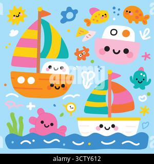 Cute  Boats and Sea Creatures – Cartoon Ocean Vector Illustration Stock Vector