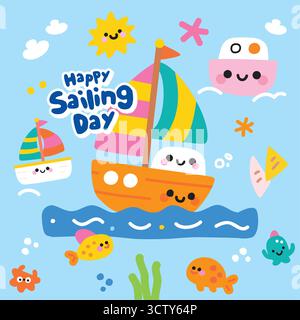 Cute Boats and Sea Creatures Stock Vector