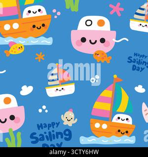 Cute Boats and Sea Creatures Stock Vector
