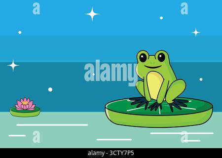 Cute frog sitting on a lotus flower over water. Perfect for children’s books, cartoons, or nature-themed designs Stock Vector