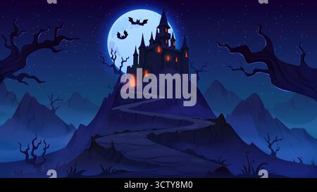 Dark haunted Halloween castle with glowing windows Stock Vector