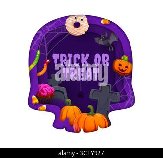 Halloween paper cut skull and sweets banner Stock Vector