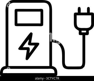 A simple, clean line art icon representing an electric vehicle charging station, complete with a plug and cable, symbolizing sustainable Stock Vector