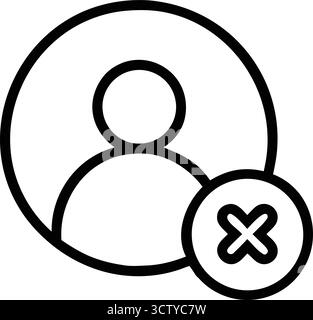 A simple line art icon representing a user profile with a red cross symbol, indicating deletion or removal. Isolated on a clean white background Stock Vector