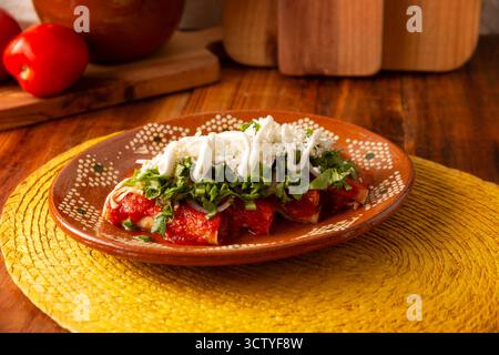 Entomatadas. Also known as Enjitomatadas, a typical dish of Mexican cuisine prepared with corn tortilla, tomato sauce and stuffed with shredded chicke Stock Photo