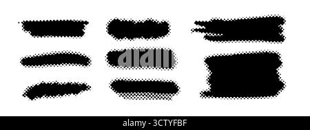 Halftone brush shapes set with bold black strokes and dotted gradient edges. Halftone brush design elements perfect for backgrounds, halftone brush Stock Vector