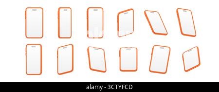 Orange smartphone 3d vector set in isometric style. Mobile phone mockup in bright orange frame from different angles and perspectives for app design Stock Vector