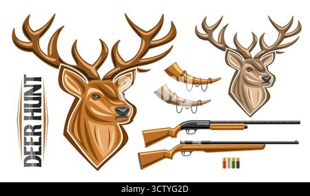 Vector set for Deer Hunt, collection of cut out illustrations two deer heads, 2 different rifles and pair of blowing hunting horns, unique brush lette Stock Vector