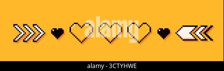 Pixel Y2K white arrows, black and yellow hearts. Stock Vector