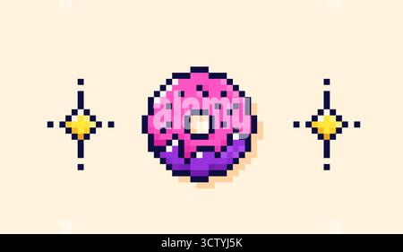 Colorful festive pixel art donut and two yellow stars around. Stock Vector