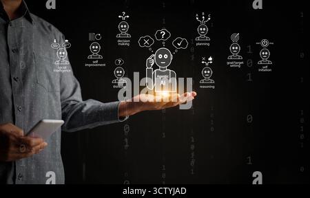 Agentic AI concept showing a man hand presenting autonomous artificial intelligence capable of self-learning, decision-making, continuous improvement Stock Photo