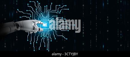 Futuristic robotic hand touching glowing AI brain on digital circuit background, symbolizing artificial intelligence, human machine connection, and ad Stock Photo