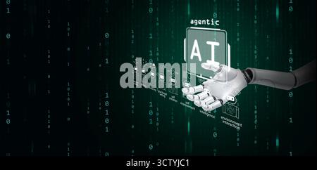 Agentic AI concept. Robotic hand presenting autonomous artificial intelligence capable of self-learning, decision-making, continuous improvement Stock Photo
