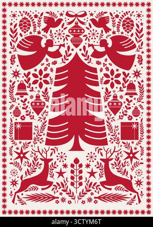 Christmas Tree Folk Art Illustration Stock Vector
