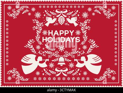 Folk Angels Happy Holidays Card Stock Vector