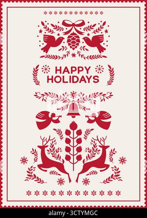 Happy Holidays Folk Angels Composition Stock Vector