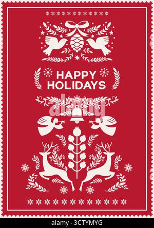 Red Happy Holidays Folk Illustration Stock Vector