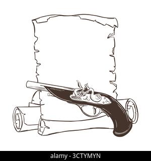 Vector sketch of old paper sheet and rolled scrolls. Antique flintlock pistol with wooden handle. Blank template for text required. Linear ink drawing. Pirate and filibusters weapon. Stock Vector