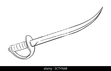 Curved arabian sword. Cold weapon. Pirate saber vector sketch. Corsair broadsword with a narrow blade. Linear drawing on a white background. Stock Vector