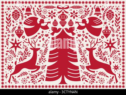 Christmas Tree Angels Folk Illustration Stock Vector
