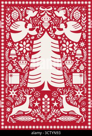 Festive Folk Angels Christmas Pattern Stock Vector
