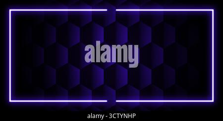 High-tech dark and modern background seamless hexagonal grid pattern deep indigo. Bright neon rectangular frame. Frame vibrant electric purple glow pr Stock Photo