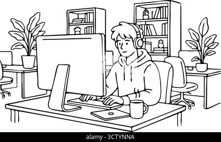Young man working on computer in office Stock Vector
