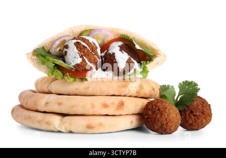 Delicious pitas with falafel on white background Stock Photo