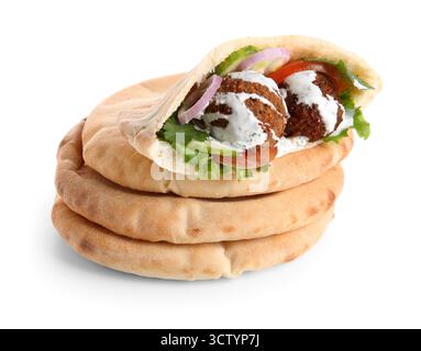 Delicious pitas with falafel on white background Stock Photo