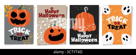 Happy Halloween Greeting Card Set, Trick or Treat Spooky Pumpkin and Ghost Vector Illustration Stock Vector