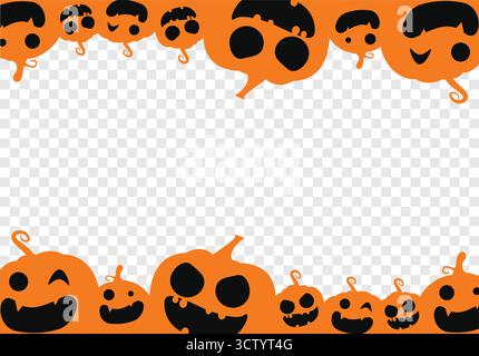 Halloween Pumpkin Frame with Jack o’ Lantern Faces, Transparent Vector Border Design Stock Vector