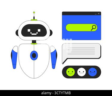 AI chatbot with search bar and feedback interface 2D cartoon objects set Stock Vector