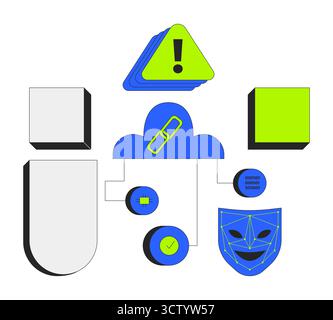 Cloud security system with alert and blank geometric shapes 2D cartoon objects set Stock Vector