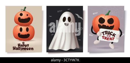 Happy Halloween Ghost and Pumpkin Characters Clipart Vector Illustration for Holiday Cards Stock Vector