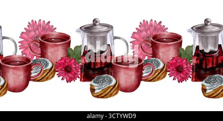 Seamless watercolor border with red cups, teapot, pastries, and pink asters on a white background. Ideal for packaging, cafe menus, autumn decor, invi Stock Photo